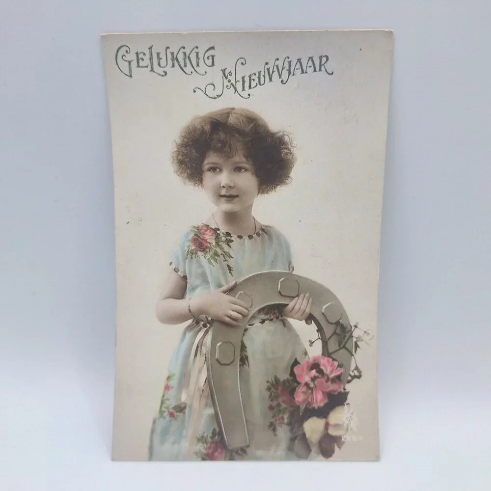 Antique Gelukkig Nieuwjaar Postcard Hand Colored‎ New Year Horseshoe Girl Dutch